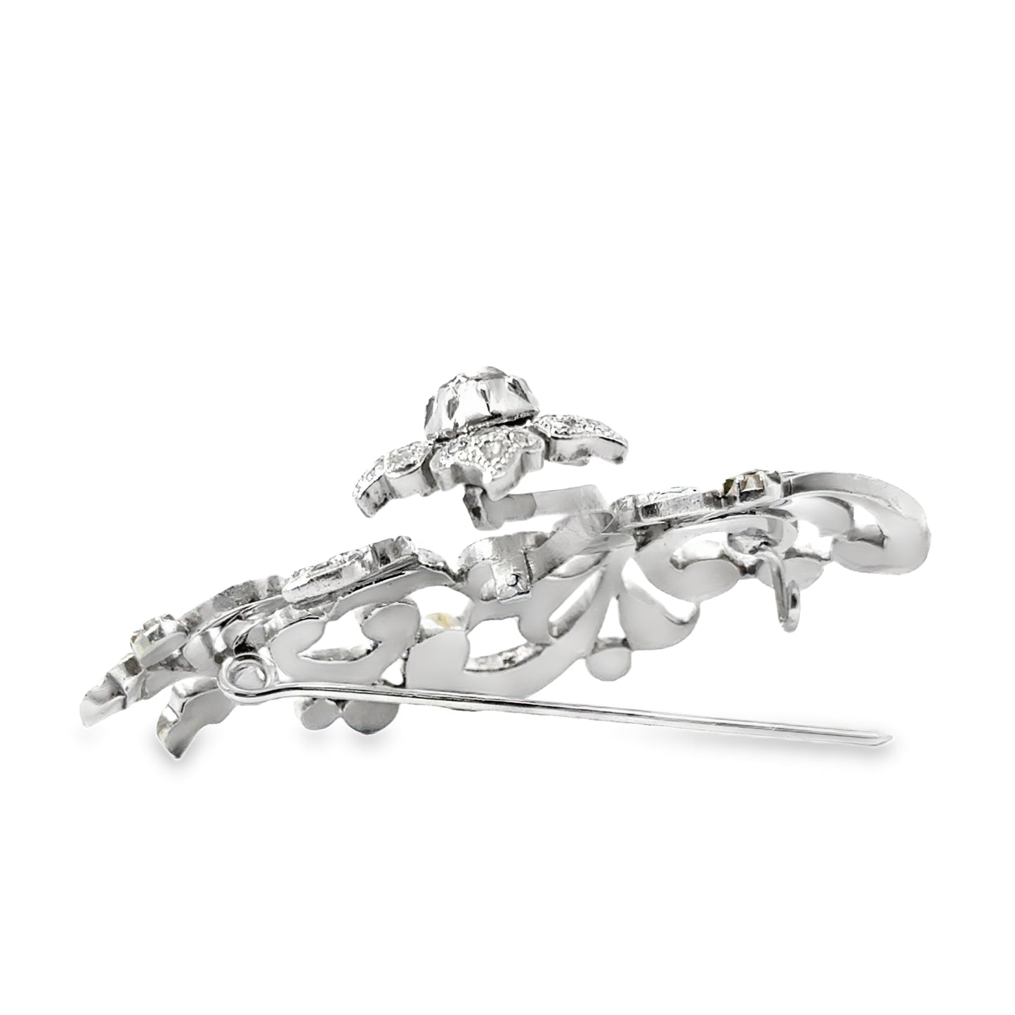 Art Deco Silver & Diamond Floral & Vine Motif Brooch