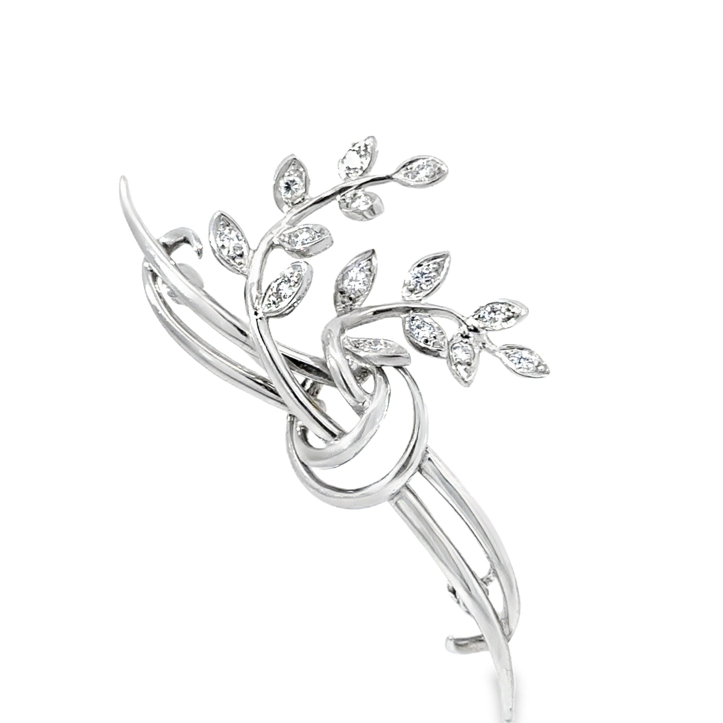 14K White Gold & Diamond Delicate Intertwined Stems Brooch