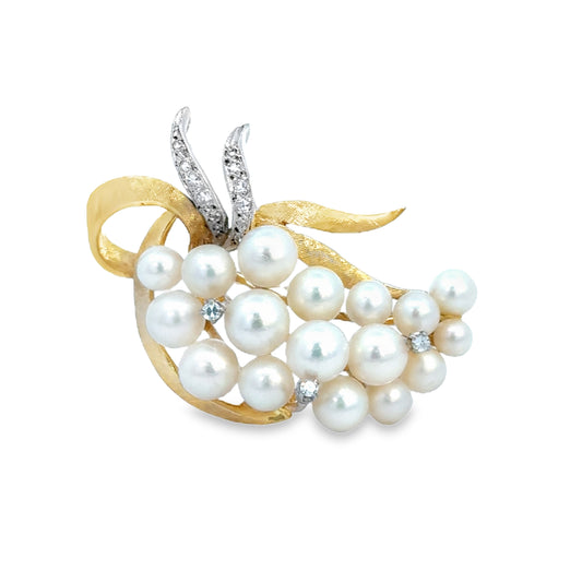 14K Yellow Gold Pearl & Diamond Grapevine Motif Brooch