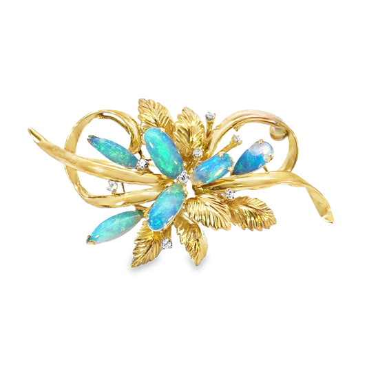 14K Yellow Gold & Opal Flowing Bow Motif Brooch