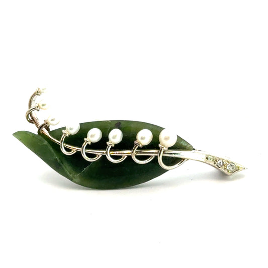 14K White Gold Jade & Pearl Leaf Brooch