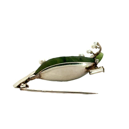 14K White Gold Jade & Pearl Leaf Brooch