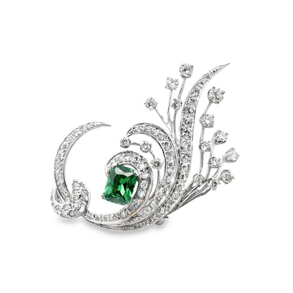 Luxurious 18K White Gold Green Tourmaline & Diamond Brooch/Pendant