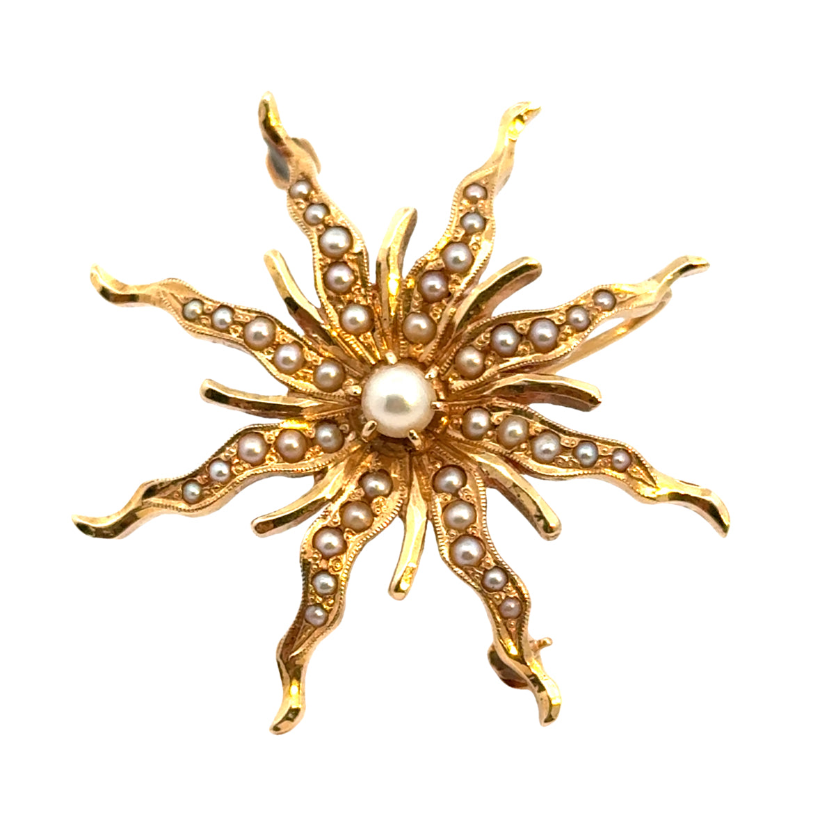 Vintage 14K Yellow Gold & Seed Pearls Sunburst Brooch/Pendant