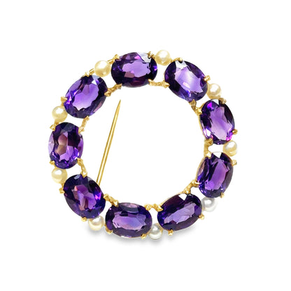 14K Yellow Gold Classic Amethyst & Pearl Brooch