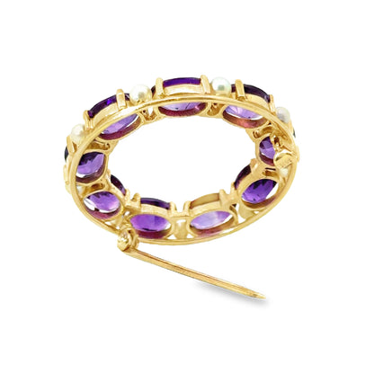 14K Yellow Gold Classic Amethyst & Pearl Brooch