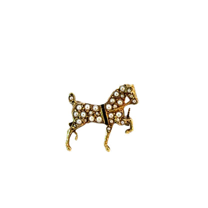 Antique 14K Yellow Gold Trotting Horse Brooch with Seed Pearls & Enamel