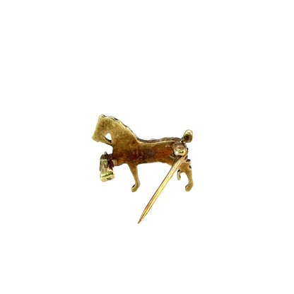 Antique 14K Yellow Gold Trotting Horse Brooch with Seed Pearls & Enamel