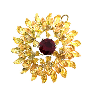 18K Yellow Gold & Ruby Floral Wreath Brooch/Pendant