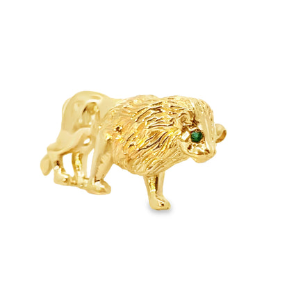 14K Yellow Gold & Emerald Lion Brooch