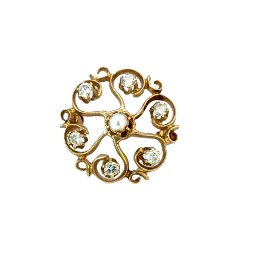 14K Yellow Gold Elegant Pearl & Diamond Brooch