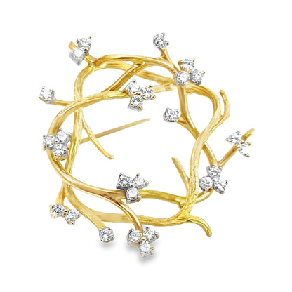 18K Yellow Gold & Diamond Blossoms & Vines Wreath Brooch