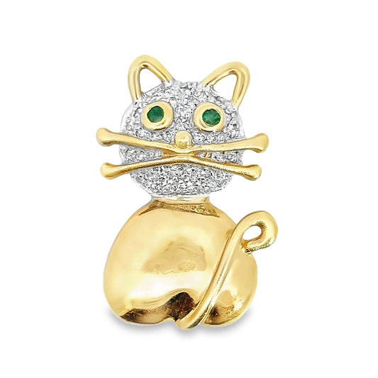 14K Yellow Gold Emerald & Diamond Whimsical Cat Brooch/Pendant