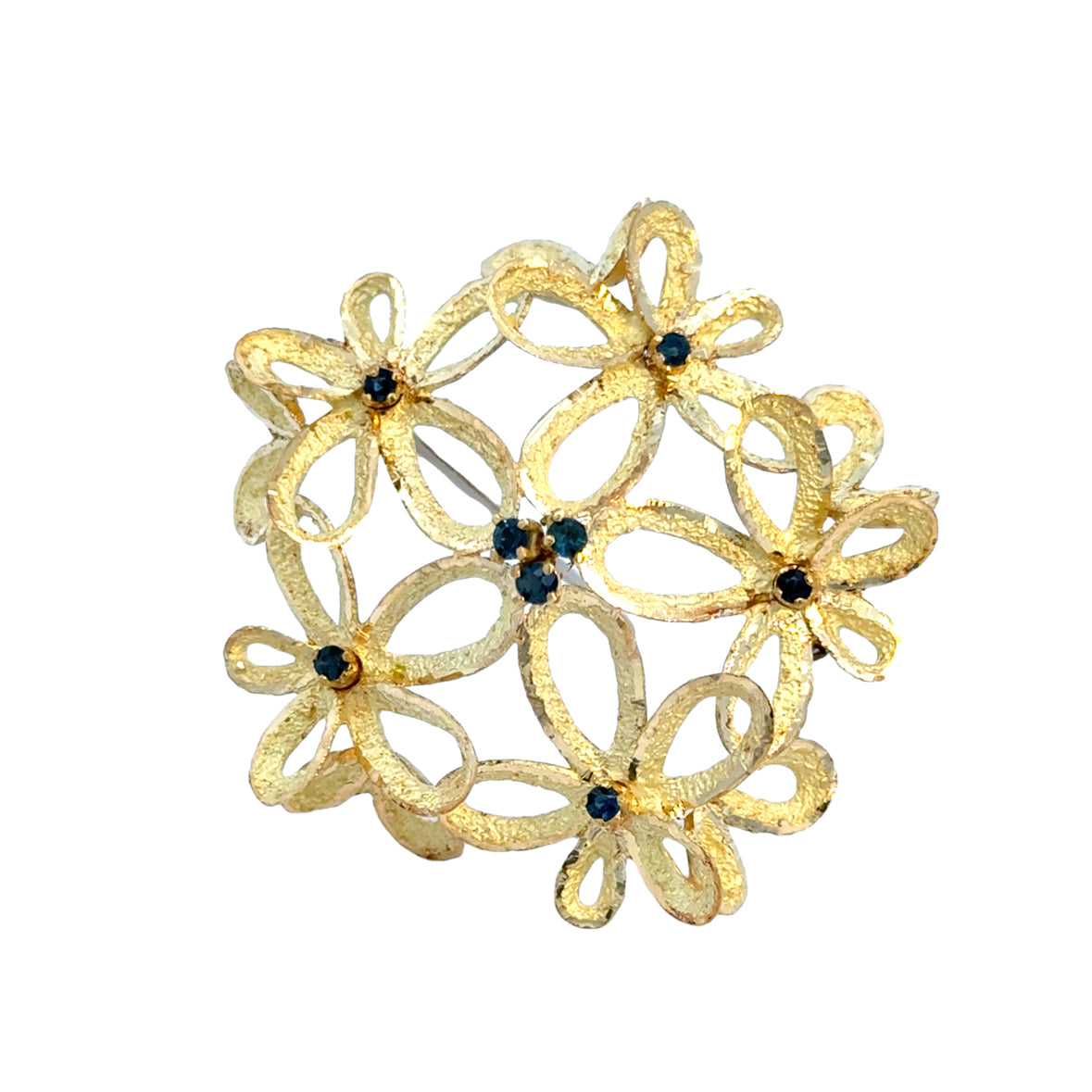 18K Yellow Gold & Sapphire Ornate Floral Motif Brooch