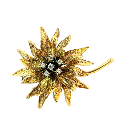 18K Yellow Gold & Diamond Floral Motif Brooch