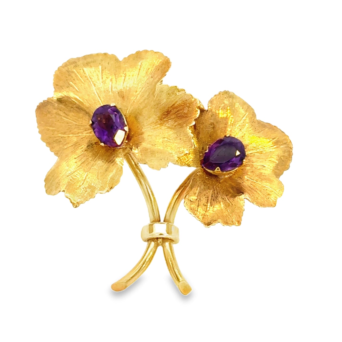 18K Yellow Gold & Amethyst Flower Brooch