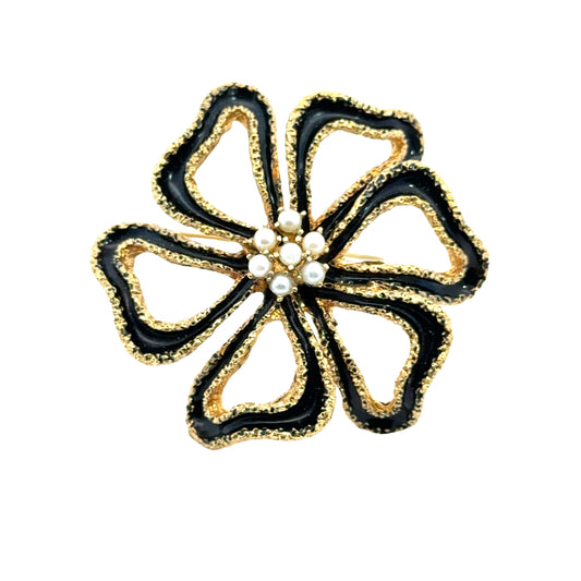 18K Yellow Gold Black Enamel & Pearl Bold Flower Brooch