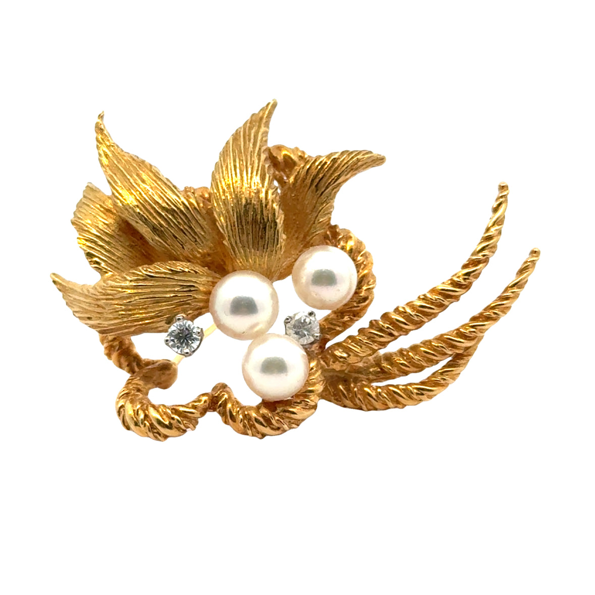 18K Yellow Gold Pearl & Diamond Floral Brooch