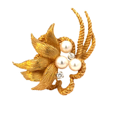 18K Yellow Gold Pearl & Diamond Floral Brooch