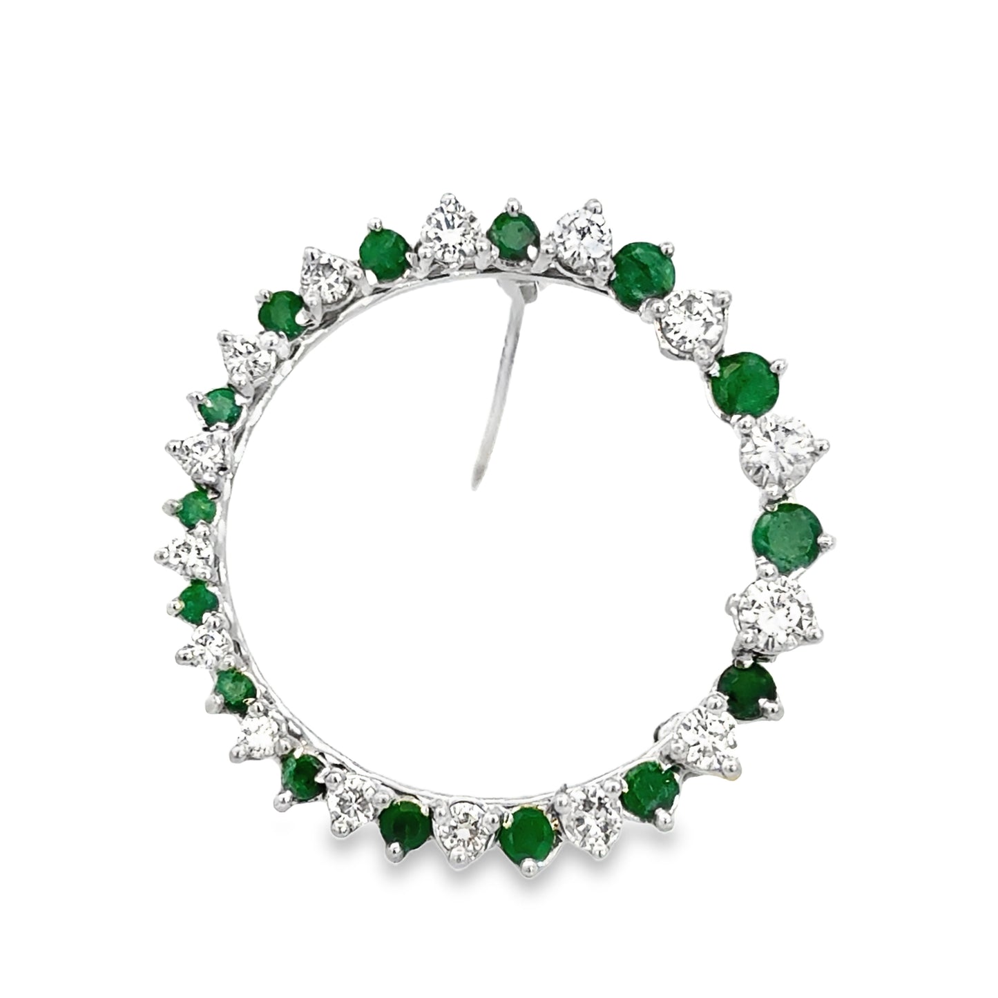 14K White Gold Emerald & Diamond Circle Brooch