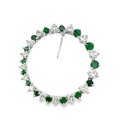 14K White Gold Emerald & Diamond Circle Brooch