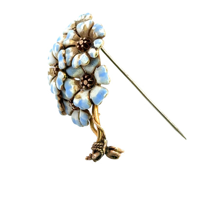 Vintage c. 1950 18K Yellow Gold White & Blue Enamel Floral Bouquet Brooch