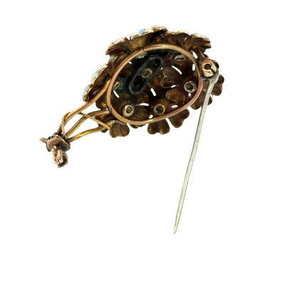 Vintage c. 1950 18K Yellow Gold White & Blue Enamel Floral Bouquet Brooch