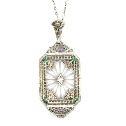 Antique Art Deco 14K White Gold Filigree Rock Crystal Necklace with Enamel & Diamond
