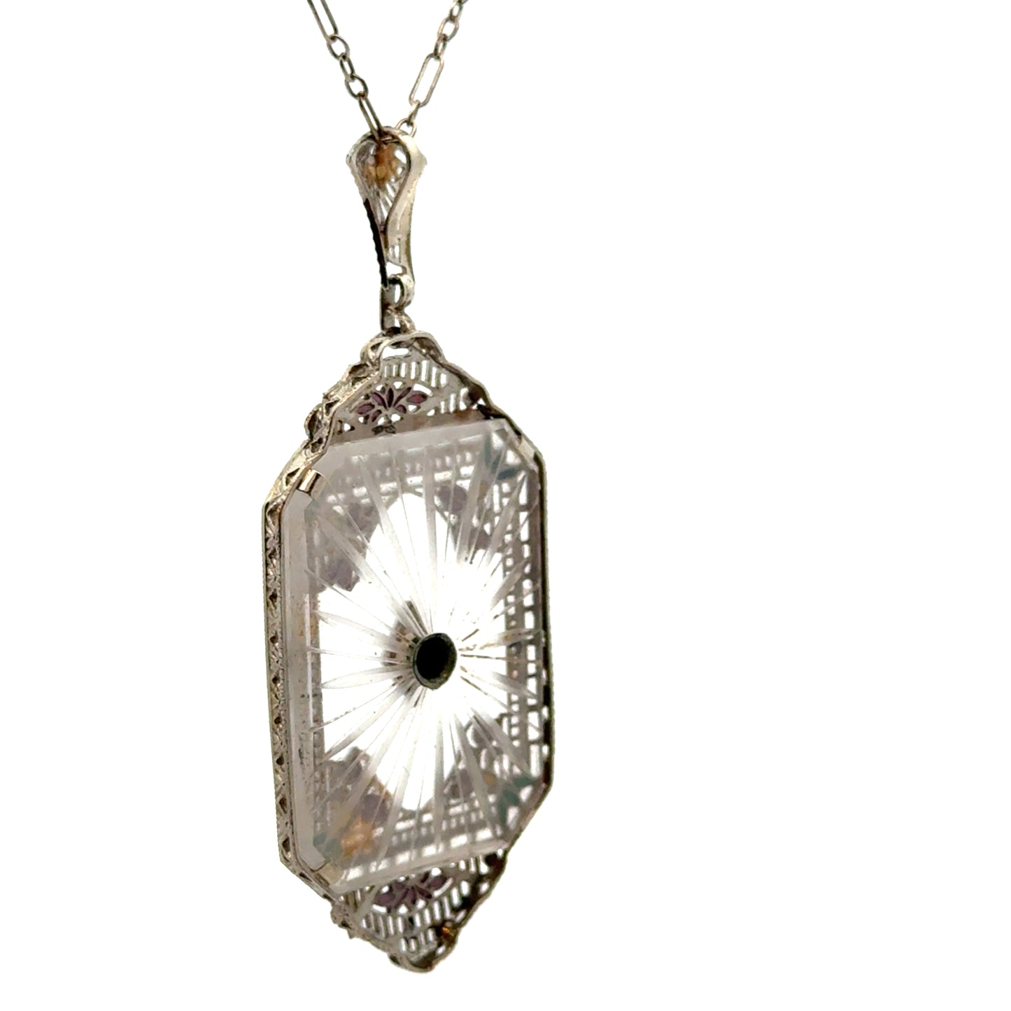 Antique Art Deco 14K White Gold Filigree Rock Crystal Necklace with Enamel & Diamond