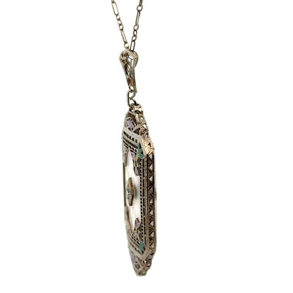 Antique Art Deco 14K White Gold Filigree Rock Crystal Necklace with Enamel & Diamond