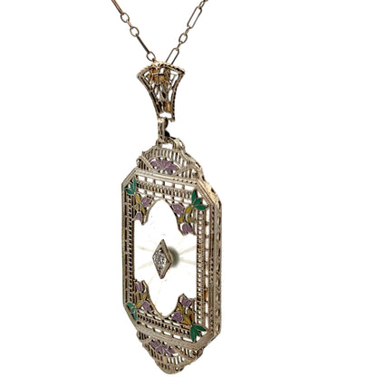 Antique Art Deco 14K White Gold Filigree Rock Crystal Necklace with Enamel & Diamond