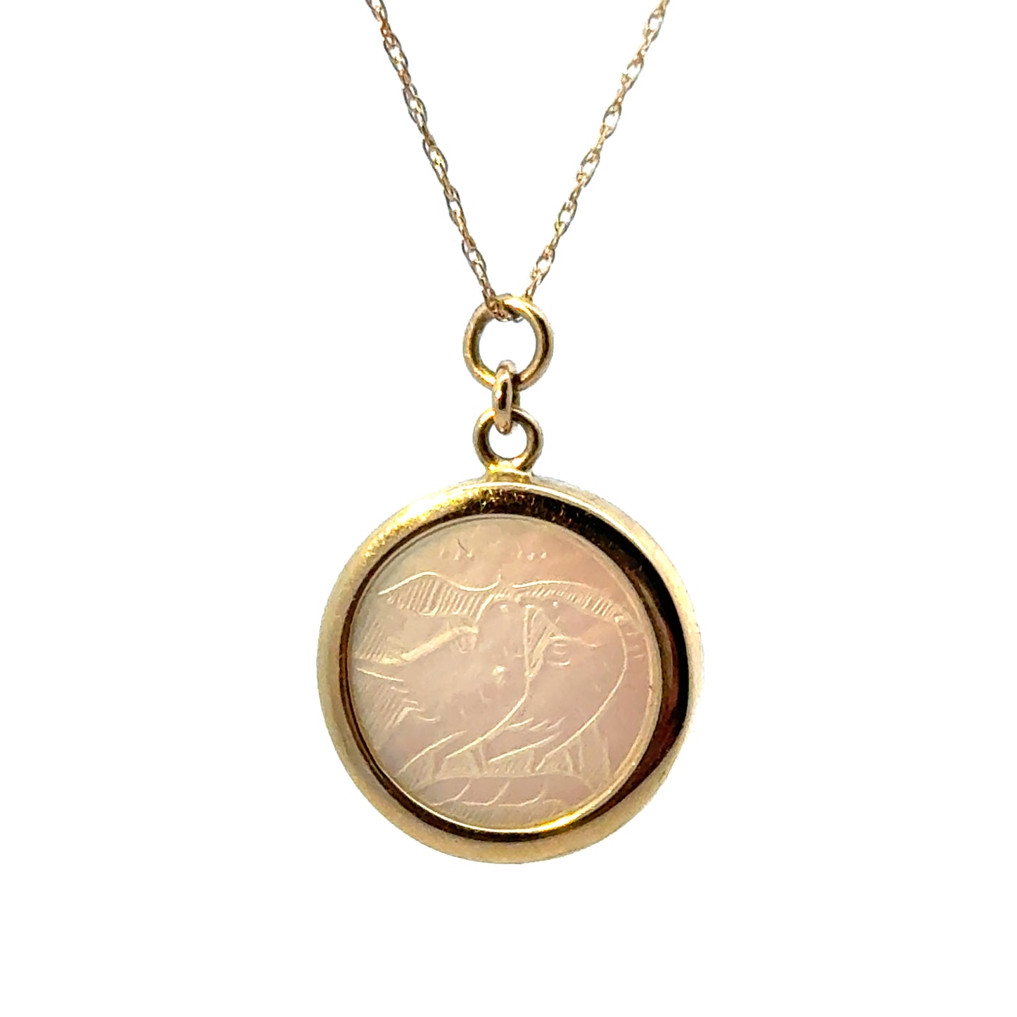 14K Yellow Gold Mother of Pearl Pendant with Etched Bird Motif
