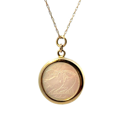14K Yellow Gold Mother of Pearl Pendant with Etched Bird Motif