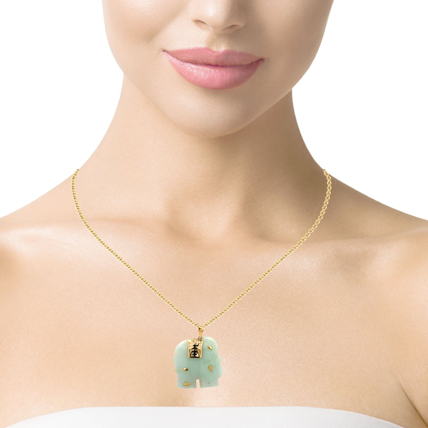 14K Yellow Gold Light Green Jade Elephant Pendant