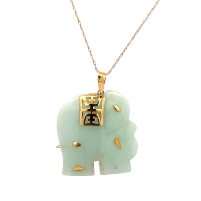 14K Yellow Gold Light Green Jade Elephant Pendant