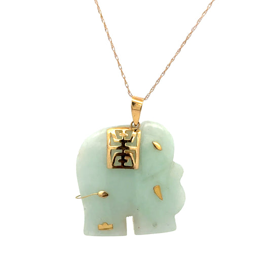 14K Yellow Gold Light Green Jade Elephant Pendant