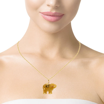 14K Yellow Gold Carved Yellow Jade Elephant Pendant with Ruby Accent