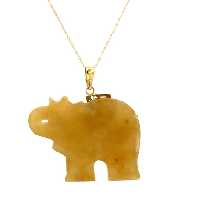 14K Yellow Gold Carved Yellow Jade Elephant Pendant with Ruby Accent
