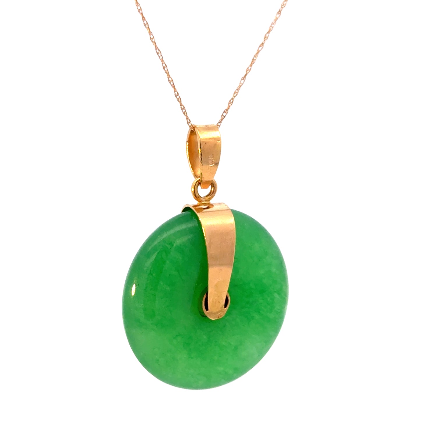 14K Yellow Gold Unique Green Jade Disc with Black Pearl