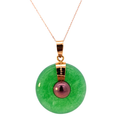 14K Yellow Gold Unique Green Jade Disc with Black Pearl