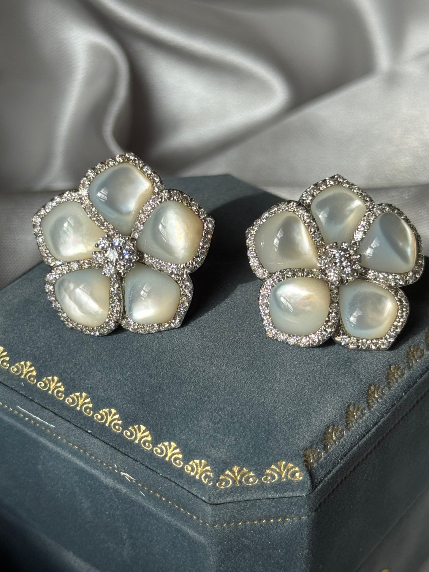 18K White Gold Mother-of-Pearl & Diamond Flower Earrings – Convertible Design