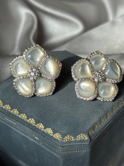 18K White Gold Mother-of-Pearl & Diamond Flower Earrings – Convertible Design