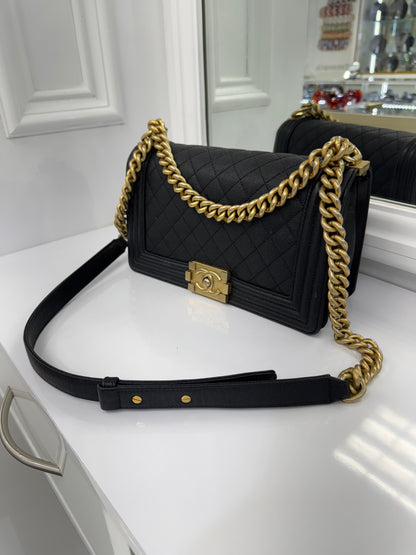 Authentic Chanel Boy Bag in Black Caviar Leather with Aged Gold Hardware