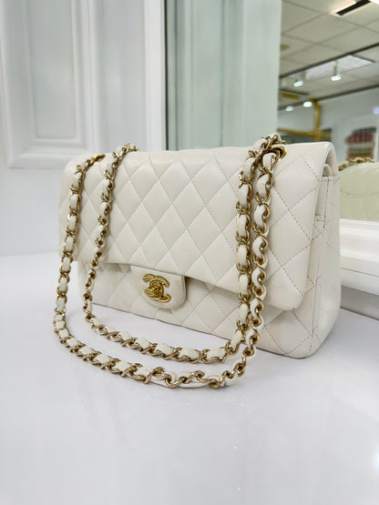 Authentic Chanel Classic Double Flap Bag – White Caviar Leather with Gold Hardware