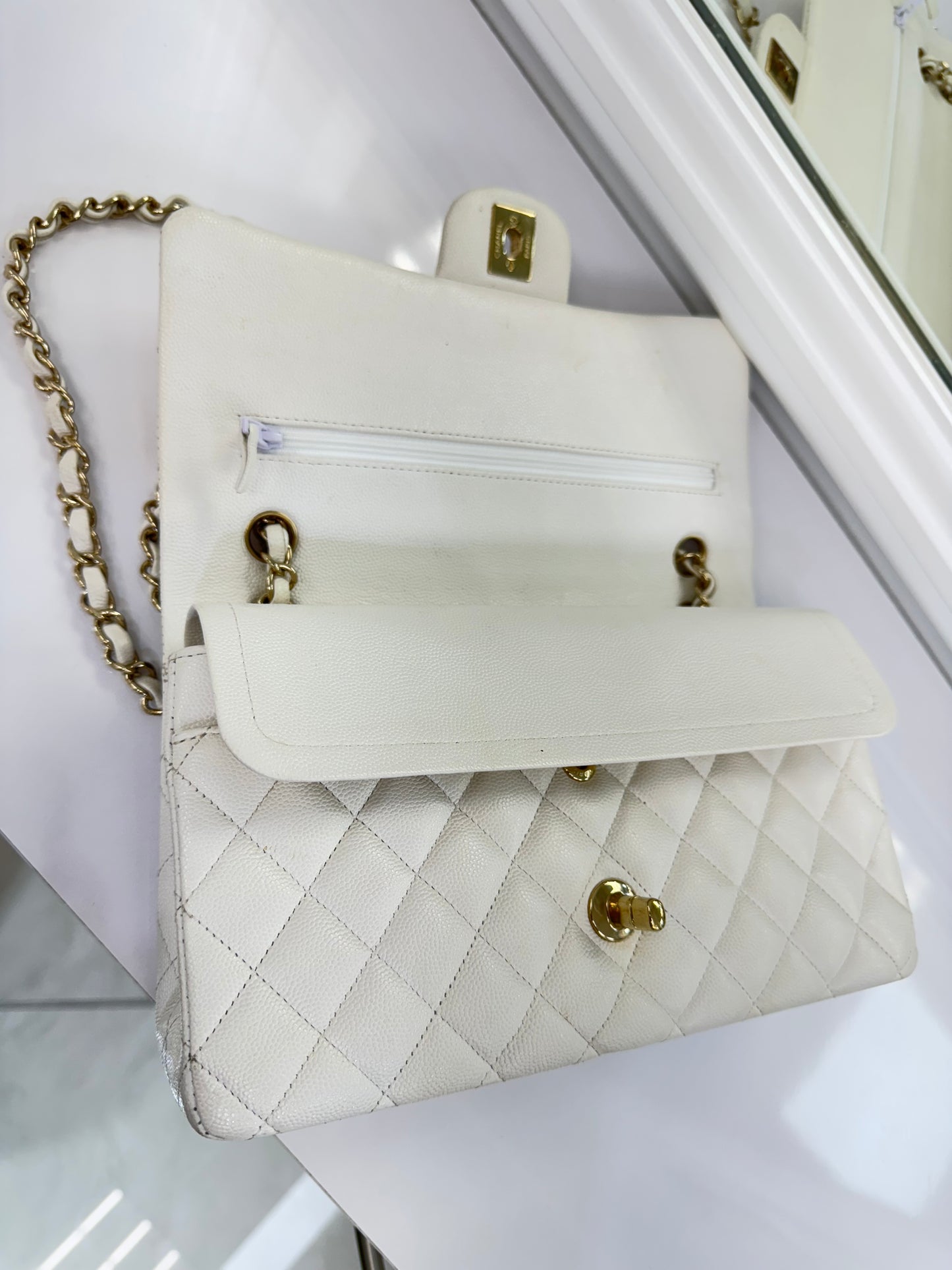 Authentic Chanel Classic Double Flap Bag – White Caviar Leather with Gold Hardware