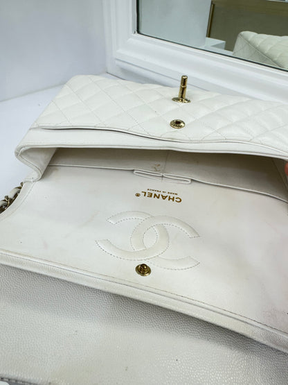Authentic Chanel Classic Double Flap Bag – White Caviar Leather with Gold Hardware