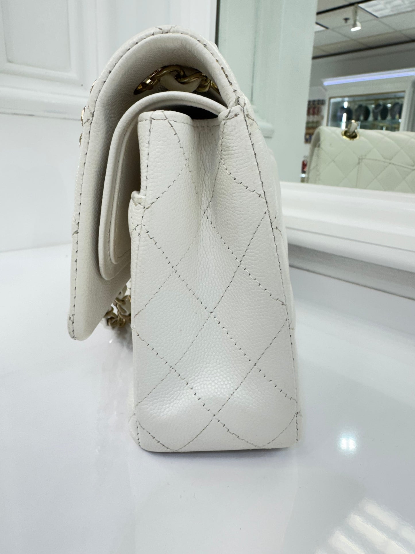 Authentic Chanel Classic Double Flap Bag – White Caviar Leather with Gold Hardware