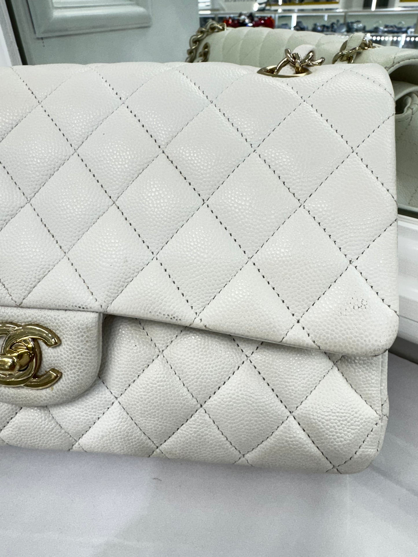 Authentic Chanel Classic Double Flap Bag – White Caviar Leather with Gold Hardware