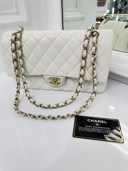 Authentic Chanel Classic Double Flap Bag – White Caviar Leather with Gold Hardware