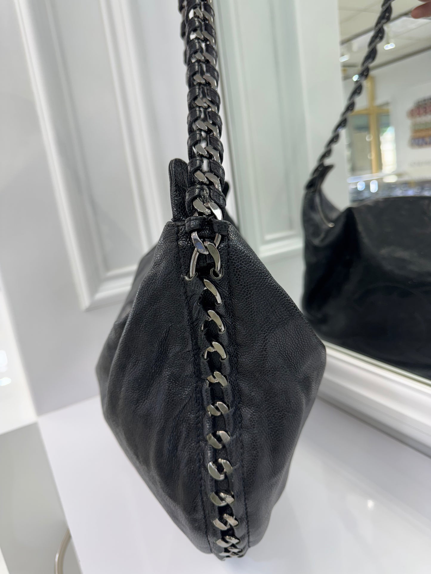 Chanel Black Lambskin Chain Hobo Bag with CC Charm – Made in Italy